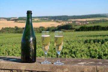 Bouteille de champagne et deux verres (flûtes / coupes) remplis de vin, devant un paysage de vigne...