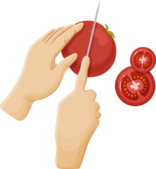 Human hands slicing ripe tomatoes with knife, top view. Chef cutting vegetables with knife to prepare food. Cooking process, kitchenware utensil cartoon vector