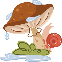 Snail hiding from rain under boletus mushroom cap. Cute funny snail crawling up forest mushroom. Forest mushroom with water droplets falling from cap cartoon vector