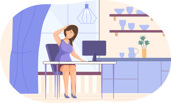 Woman doing exercises for neck and head at her desk. Girl having short break in front of computer and doing stretching exercise Female person working at cozy home or office interior flat vector