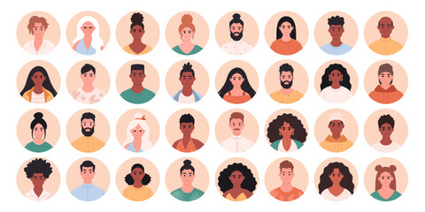 People avatar set. People of different age, races, appearance. Multicultural society. Social diversity of people in modern society. Hand drawn vector illustration - obrazy, fototapety, plakaty