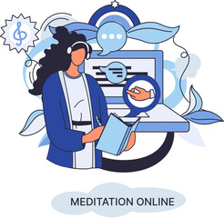 Meditation online. Girl watching online classes on laptop, awareness practice. Live stream, internet education. Woman doing exercise wellness practice to restore peace of mind. Healthy lifestyle