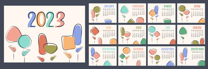 Floral calendar 2023 pages. Horizontal modern monthly planner with abstract flowers, plants. Week starts on Sunday. Organizer template with cover in size A4 A3 A2 A5.Vector flat illustration for print