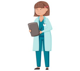 Doctor female character in hospital, medicine, health care concept. Woman medic therapist or nurse in blue uniform cartoon character standing in clinic office. Medicare, physician medical consultation