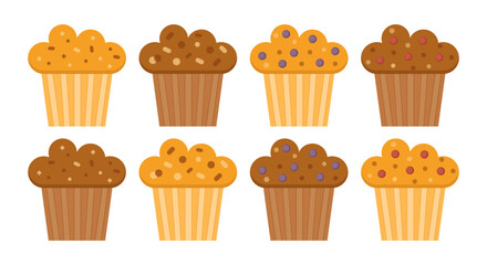 Set of muffins color vector icons with chocolate and berry. Flat cupcakes illustration. Cake desserts design.