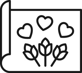 Art, picture, image concept. Simple monochrome isolated sign. Editable stroke. Vector line icon of heart over bouquet of flowers on paper sheet