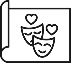 Art, picture, image concept. Simple monochrome isolated sign. Editable stroke. Vector line icon of hearts over theatrical mask on paper sheet