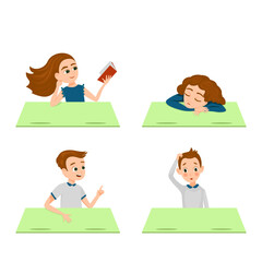 Fototapeta premium Primary school pupils sit at desk. Elementary education. Learning process vector illustration