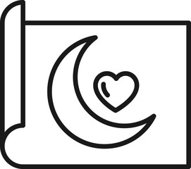 Art, picture, image concept. Simple monochrome isolated sign. Editable stroke. Vector line icon of heart next to The Moon on paper sheet
