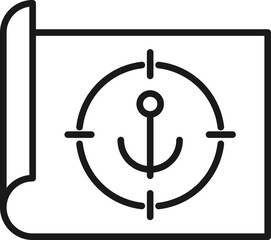 Art, picture, image concept. Simple monochrome isolated sign. Editable stroke. Vector line icon of anchor inside of target on paper sheet