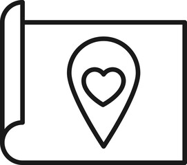 Art, picture, image concept. Simple monochrome isolated sign. Editable stroke. Vector line icon of heart inside of geotag on paper sheet