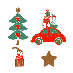 New Year s set with templates for greeting cards. A Christmas tree, a red car with gifts, a hand with a gift box and a gold star.
