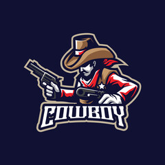 Cowboy mascot logo design vector with modern illustration concept style for badge, emblem and t shirt printing. Cowboy illustration with guns in hand.