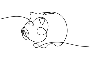 Piggy bank in continuous line art drawing style. Pig moneybox black linear sketch isolated on white background. Vector illustration