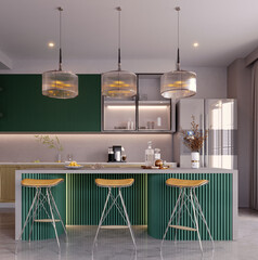 3d rendering,3d illustration, Interior Scene and  Mockup,  modern kitchen and dining room,wood and green kitchen.