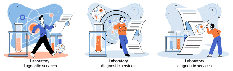 Laboratory diagnostic services metaphor, health indicators research treatment medical examination clinic. Health care and routine survey by doctor. Analyzes prescriptions of medications, lab equipment