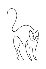 Scared cat in continuous line art drawing style. Cat arched his back in fear black linear design isolated on white background. Vector illustration