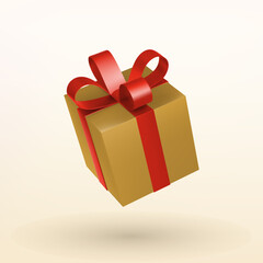 Christmas golden gift box with red ribbon bow. 3D Xmas realistic vector object.