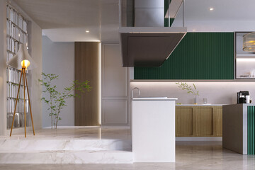 3d rendering,3d illustration, Interior Scene and  Mockup,  modern kitchen and dining room,wood and green kitchen.