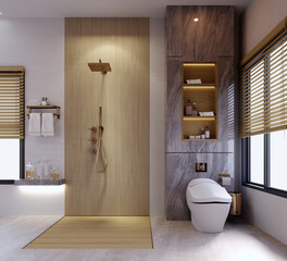 3d rendering,3d illustration, Interior Scene and  Mockup,Modern bathroom with bathtub,bathroom Wood sinks and mirror,There is a skylight on the ceiling, large windows, natural light entering the room.