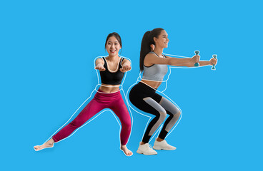 Fototapeta na wymiar Happy asian and caucasian young ladies in sportswear doing exercises