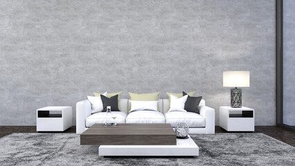 Mock up room of modern luxury white sofa set on dark brown stone floor, white side-tables with lampshade, modern wood-white coffee table with blank concrete wall.  3D illustration. - 528708753