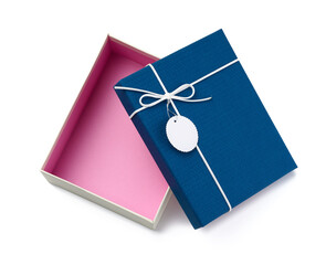 Empty rectangular white cardboard box with blue lid for gift wrapping isolated on white background