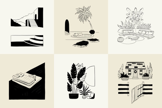 Abstract landscape interior contemporary minimal aesthetic. Hand drawn linear illustrations for wall decoration, postcards or brochures, cover design, stories, social media, app design.