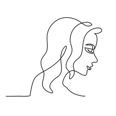 Continuous one line drawing. Abstract portrait of pretty young woman with beautiful hair. Vector illustration