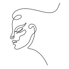 Continuous one line drawing. Abstract portrait of pretty young woman with beautiful hair. Vector illustration