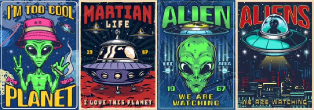Aliens set flyers vintage colorful