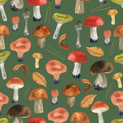 Watercolor Mushroom Seamless Pattern, Fungi repeat design, Autum endless design, Fall leaves and mushroom print, Wild fungi forest background,