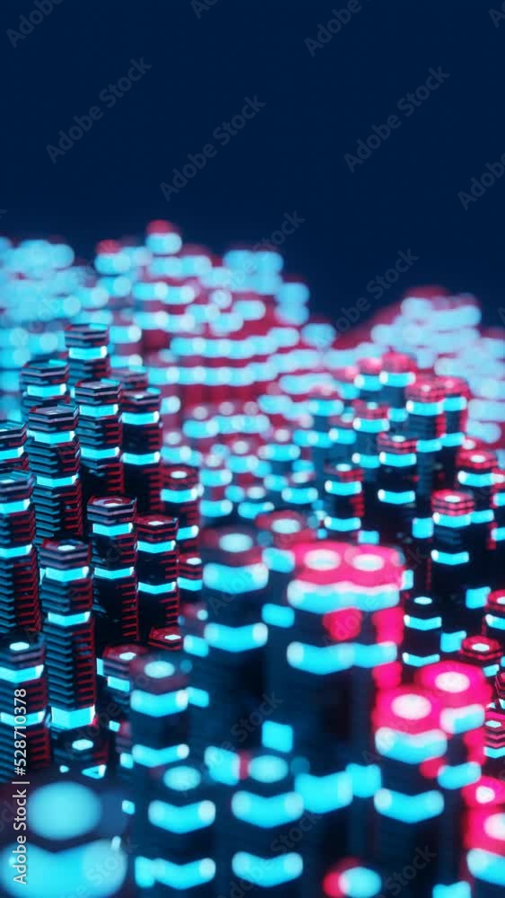 Aufkleber Vertical 3D rendered loop video with moving hexagonal columns in neon glowing light background. Abstract blue and pink technologic seamless looped animation. Hyperrealistic dimensional geometrical p
