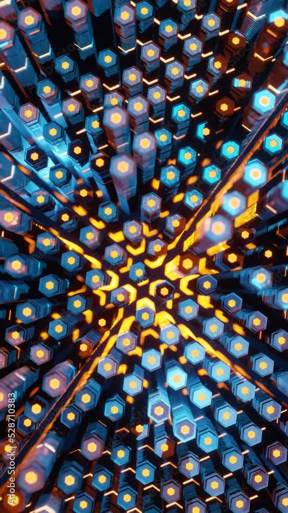 Poster Vertical 3D rendered loop video with moving hexagonal columns in neon glowing light background. Abstract blue and orange technologic seamless looped animation. Hyperrealistic dimensional geometrical p