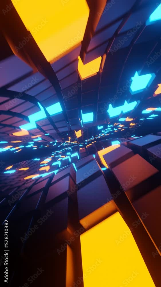 Poster Vertical 3D rendered loop video with moving cubes waves in neon glowing light background. Abstract blue and orange technologic looped tunnel. Hyperrealistic dimensional geometrical patterned visual