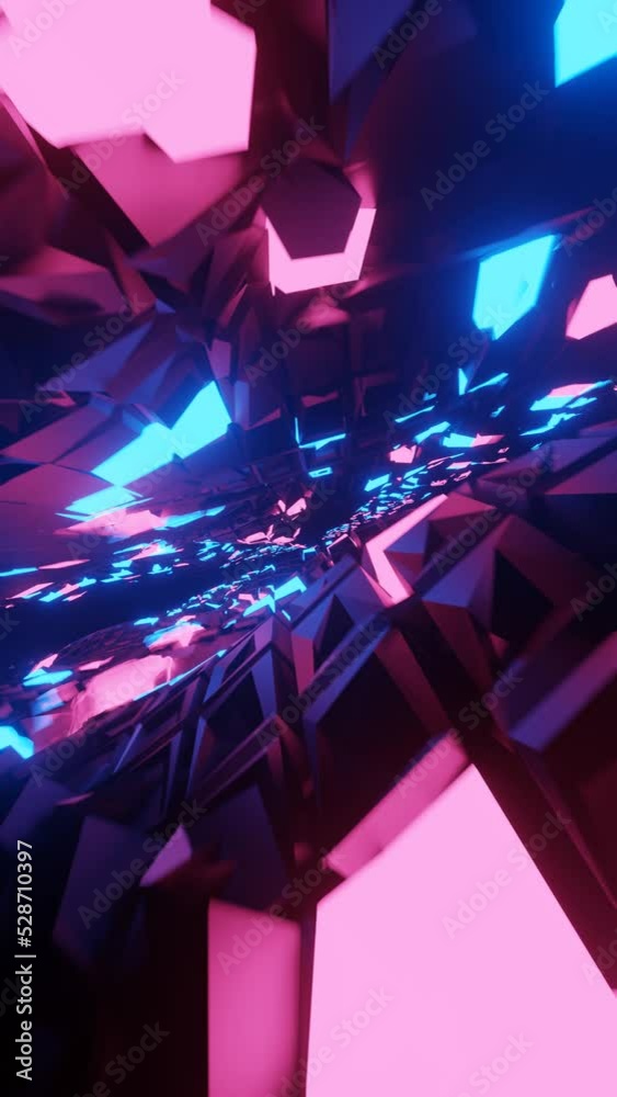 Poster Vertical 3D rendered loop video with moving cubes waves in neon glowing light background. Abstract blue and pink technologic looped tunnel. Hyperrealistic dimensional geometrical patterned visual