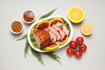 Concept of tasty food, ham, top view