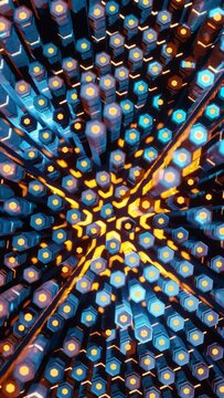 Vertical 3D rendered loop video with moving hexagonal columns in neon glowing light background. Abstract blue and orange technologic seamless looped animation. Hyperrealistic dimensional geometrical p