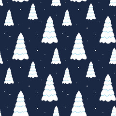 Obraz premium Winter snovy fir tree forest seamless pattern. Dark blue background for wrapping paper, banners, web design, scrapbooking