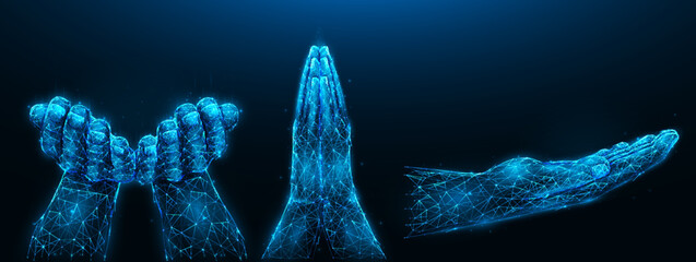 Abstract vector illustration of hand gestures, pleading, giving hand, cupped palms together on a dark blue background. Hand gesture set in polygonal style.