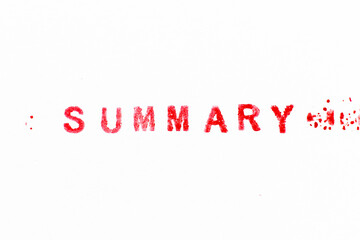 Red color ink rubber stamp in word summary on white paper background