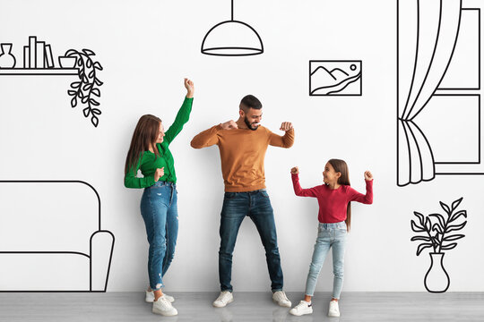 Happy Mixed Race Family Dancing Over Interior Sketch