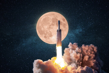 New rocket with smoke and blast successfully takes off into the starry sky with a full moon. Spaceship launch, concept. Space mission to the moon. - obrazy, fototapety, plakaty