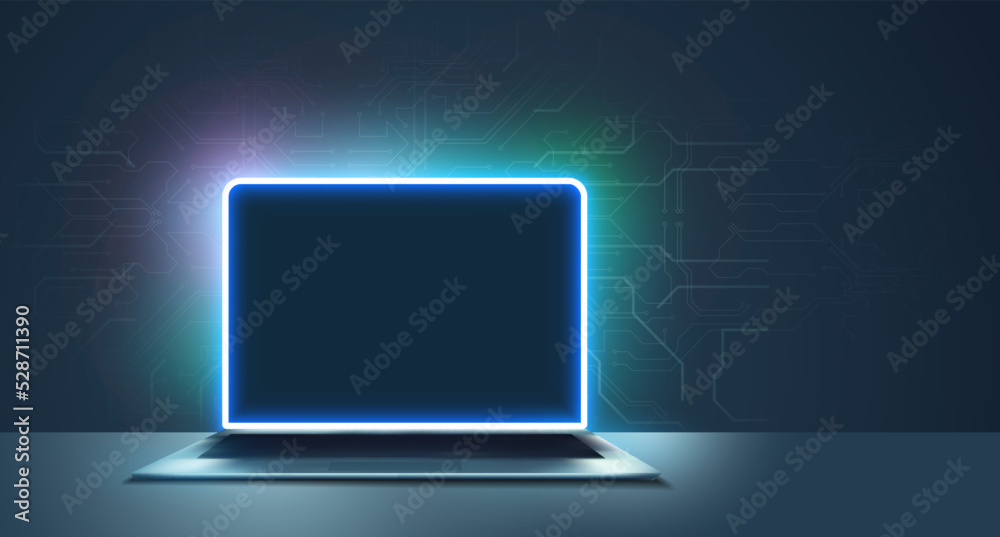 Aufkleber A portable neon computer with a blank screen and a desk in a dark room with blue lighting. Technological background with a laptop. Vector illustration