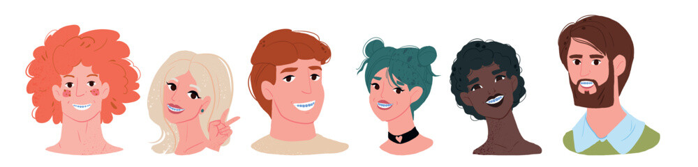 A set of people of different genders and types with a smile with braces, cartoon style portraits. Oral healthcare with mouthwash for plaque prevention and fresh breath.