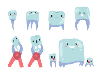Set of cartoon different teeth with mouthwash in flat design. Smiling teeth cartoon dental care. Oral healthcare with mouthwash for plaque prevention and fresh breath.