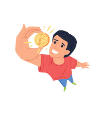 Bitcoin trader - Man with suit and coin in front of face. Trading chart in background and question marks flying around. Crypto currency, day trading and technical analysis. Illustration.