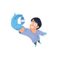 Portrait of a happy scientist doctor holding a medical bottle with a coronavirus vaccine. The doctor presents the vaccine against covid-19. Vector illustration, flat design, cartoon, isolated.