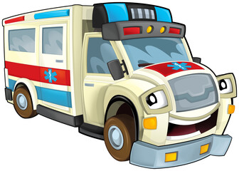cartoon scene with funny looking ambulance truck illustration for children