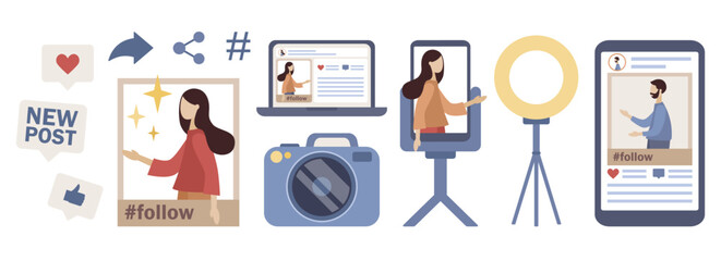 Blogger icon set. Social media signs. New post, smartphone, tripod, camera, light lamp. Influencer marketing. Social influences concept. Vector flat illustration 